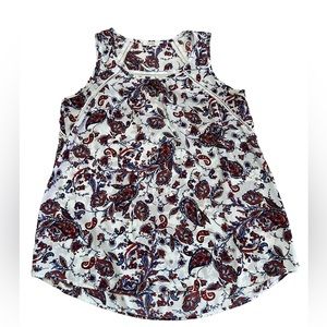 Pleione women's size S sleeveless crochet detail blouse, white red blue paisley